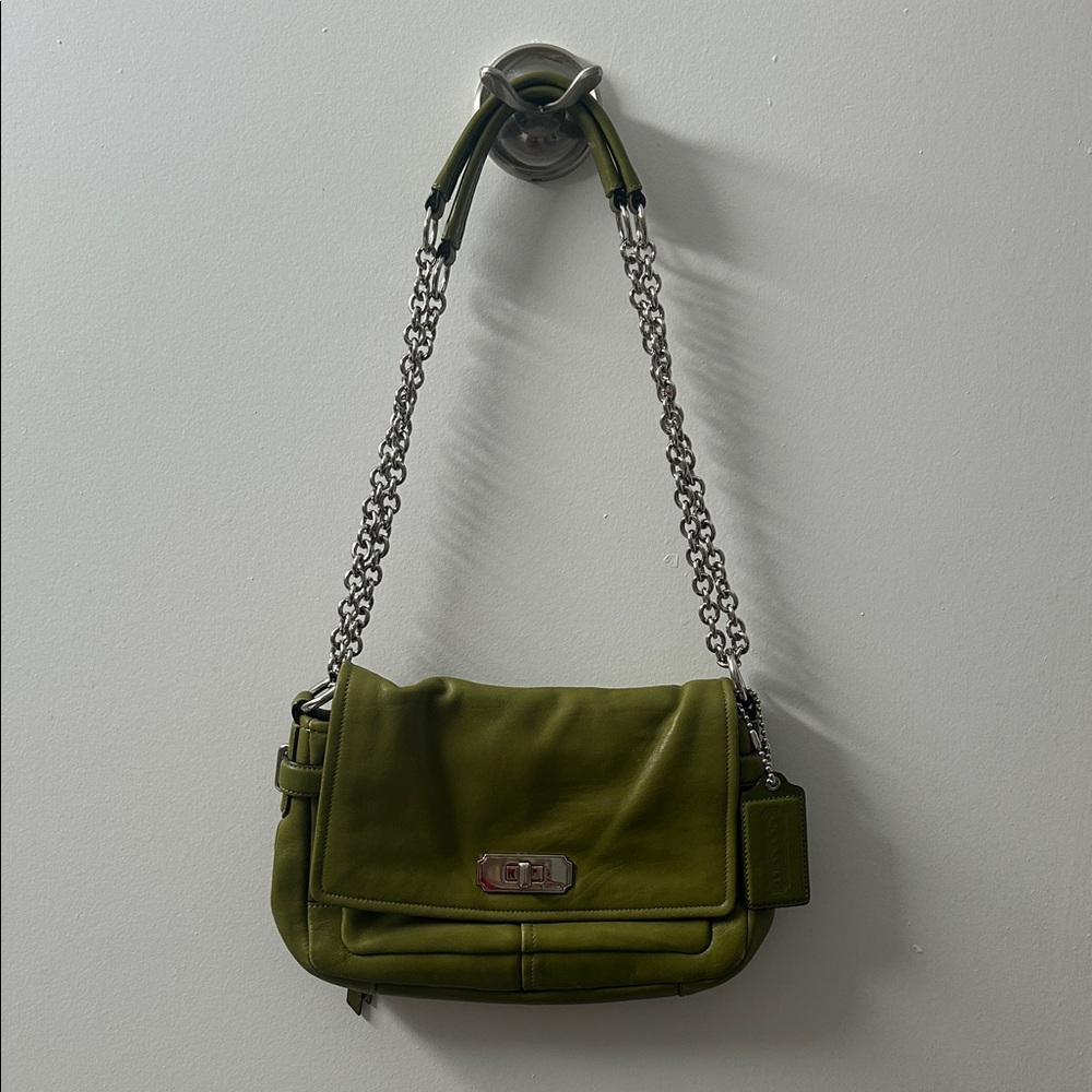 Coach Olive Green Shoulder Bag with Silver Chain Strap